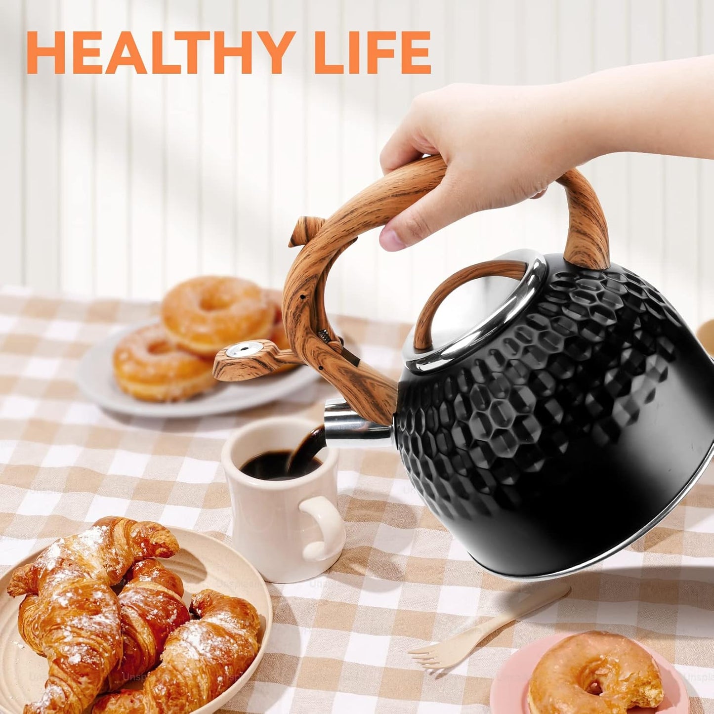 Whistling Teapot, 2.6 Qt 304 Food Grade Stainless Steel Tea Kettle with Heat-resistant Handle, Durable, not Rust,One-button Switch(BLack)