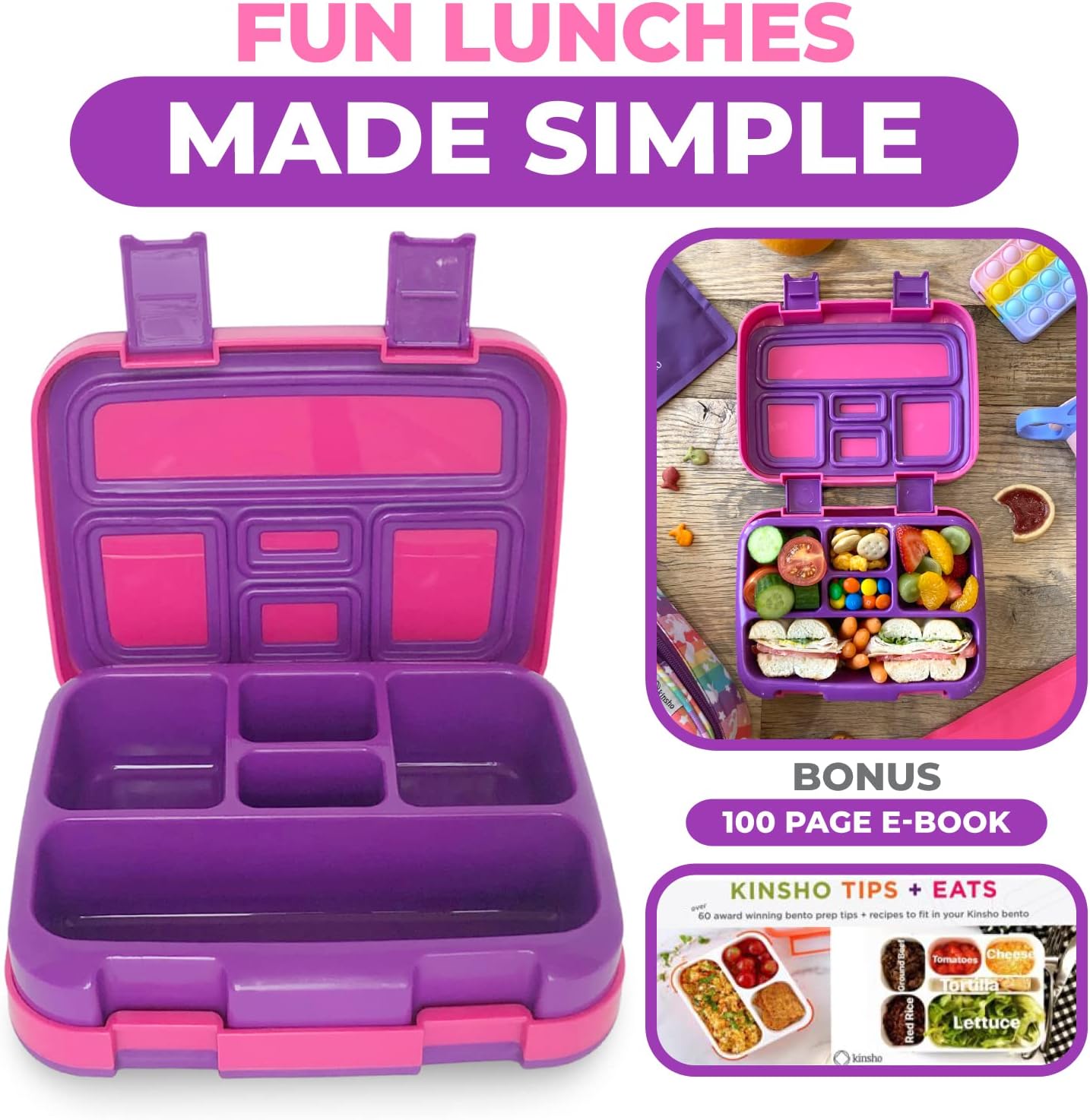 kinsho Bento Lunch Box for Kids Toddlers Girls, 5 Portion Sections Secure Lid, Microwave Safe BPA Free Removable Tray, Pre-School Kid Daycare Lunches Snack Container Ages 3 to 5, Pink Purple