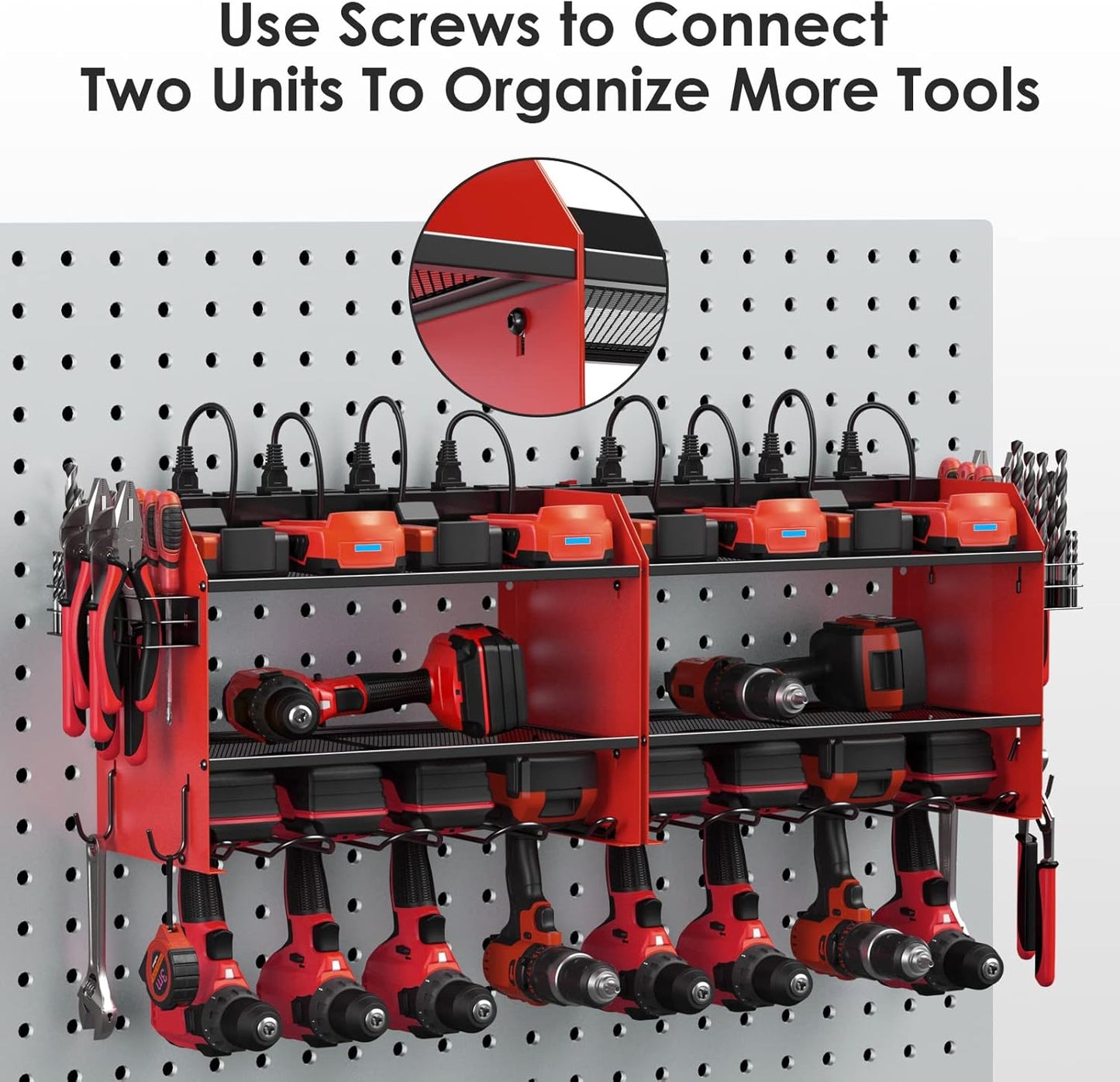 CCCEI Modular Power Tool Organizer Wall Mount with Charging Station. Garage Drill Storage Shelf with Hooks, Heavy Duty Rack, Tool Battery Holder Built in 8 Outlet. Gift for Men. Red, 1 Pack.