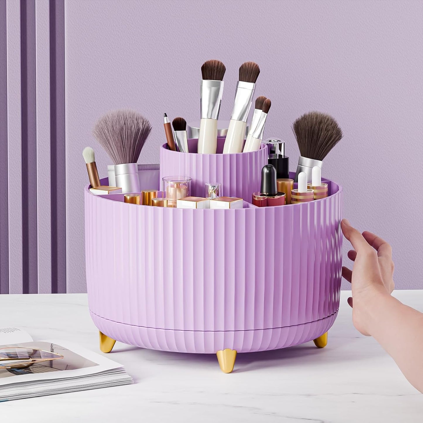 360° Rotate Makeup Brush Holder Organizer, Makeup Organizers Countertop, Makeup organization and Skincare Storage for Vanity, Desktop, Bathroom (Purple)