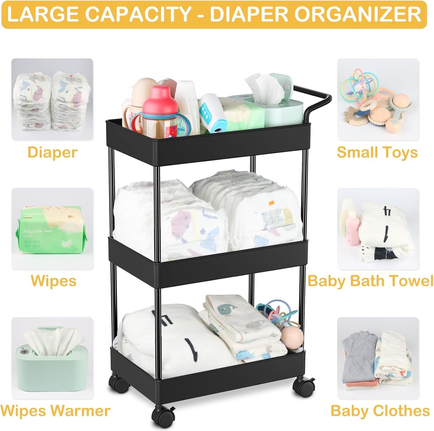 Baby Diaper Caddy – Plastic Diaper Organizer for Nursery Essentials, Movable Cart for Changing Table & Crib, Easy to Assemble, Black