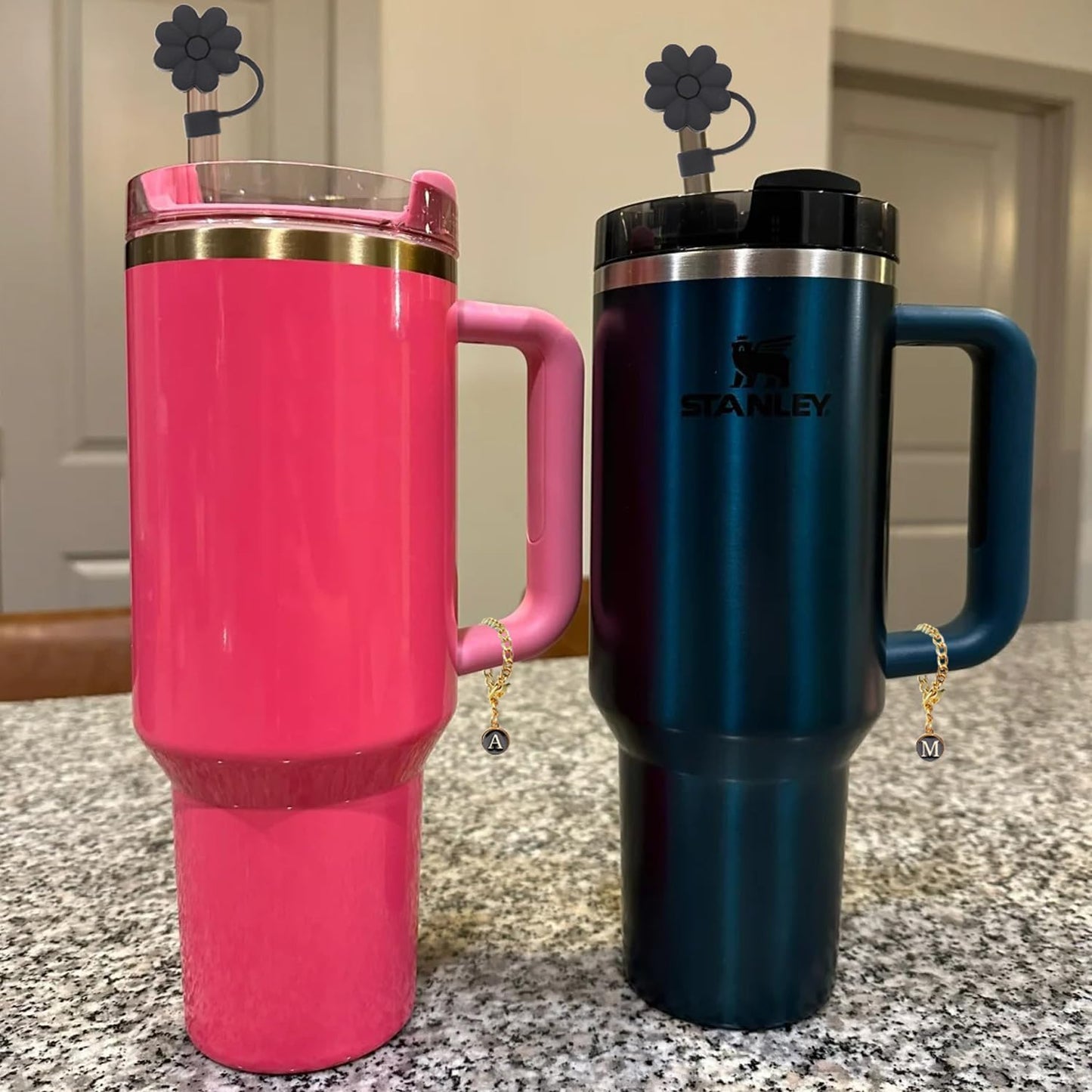 Stanley Cup Accessories, 1pc Flower Stanley Straw Cover Silicone Straw Topper for Stanley 30&40 oz Tumbler with Handle and 1pc Initial Letter Charm for Stanley Cup (Letter S)