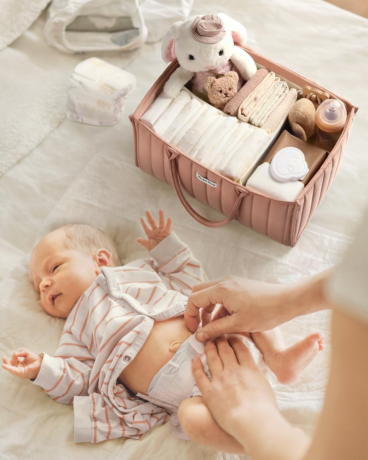 Blissful Diary Baby Diaper Caddy Organizer, Stylish Storage Basket for Newborn Essentials and Diaper Station, Gift for Baby Shower and Registry Must-Have, Blush Pink