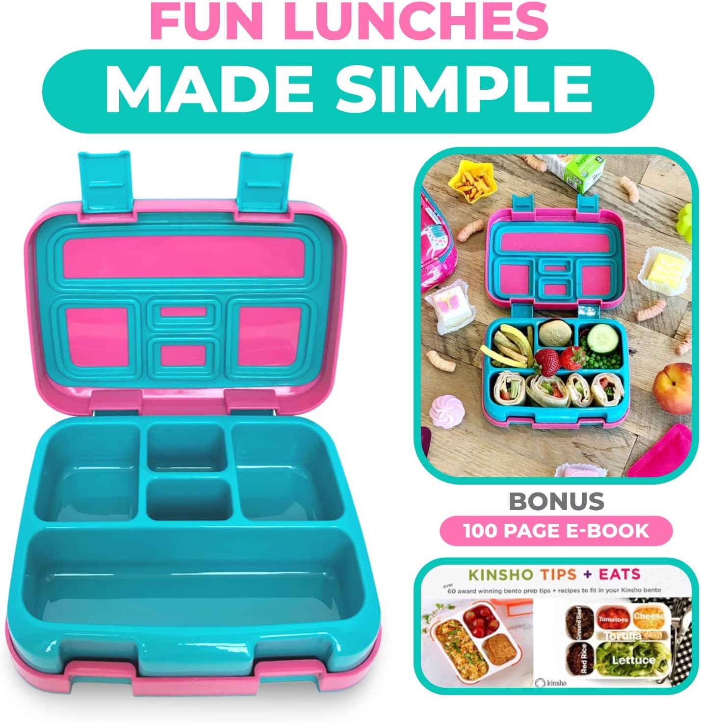 kinsho Unicorn Bento Lunch Box for Girls Toddlers, 5 Portion Control Sections, BPA Free Removable Plastic Tray, Pre-School Kid Toddler Girl Daycare Lunches, Snack Container Ages 3 to 7 Pink Unicorns