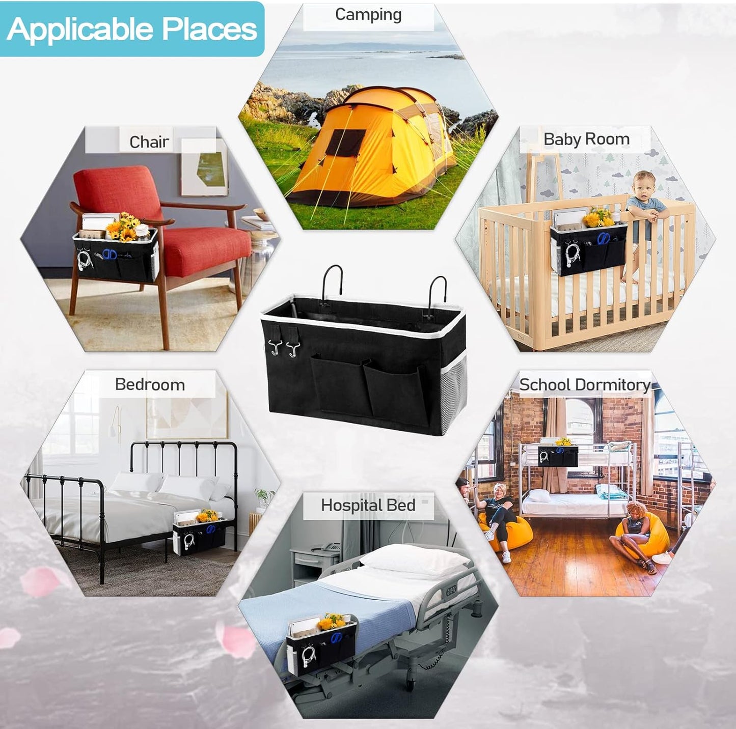 Loghot Bedside Caddy/Bedside Storage Bag Hanging Organizer for Bunk and Hospital Beds,Dorm Rooms Bed Rails,Can be Placed Glasses,Books,Mobile Phones,Keys (Black)