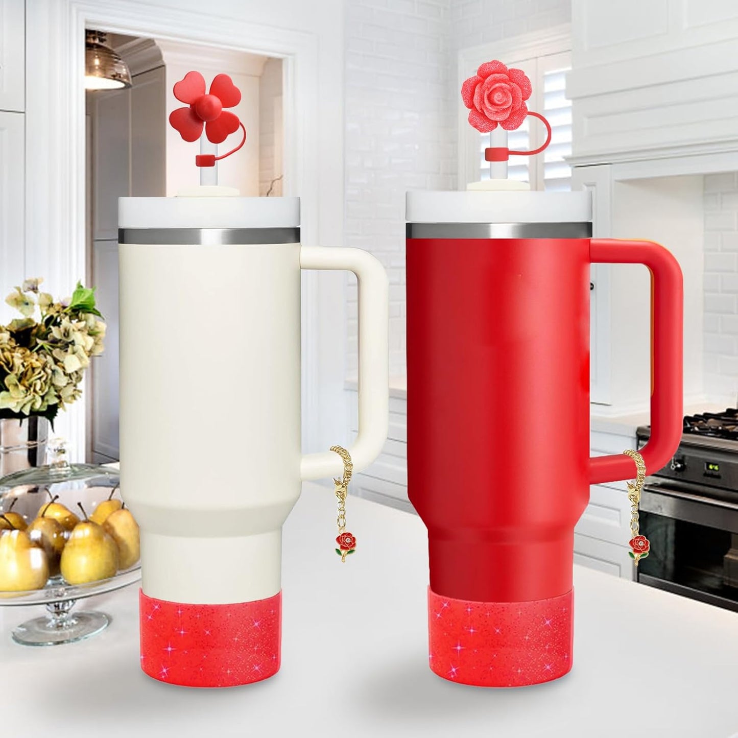 Stanley Cup Accessories Set,Including 2 Pcs 0.4in Straw Cover, 1 Silicone Spill-Proof Stopper Set of 3, 1 Cute Rose Handle Charm, 1 Silicone Boot Fits Stanley 40&30 Oz Tumbler (Chili)