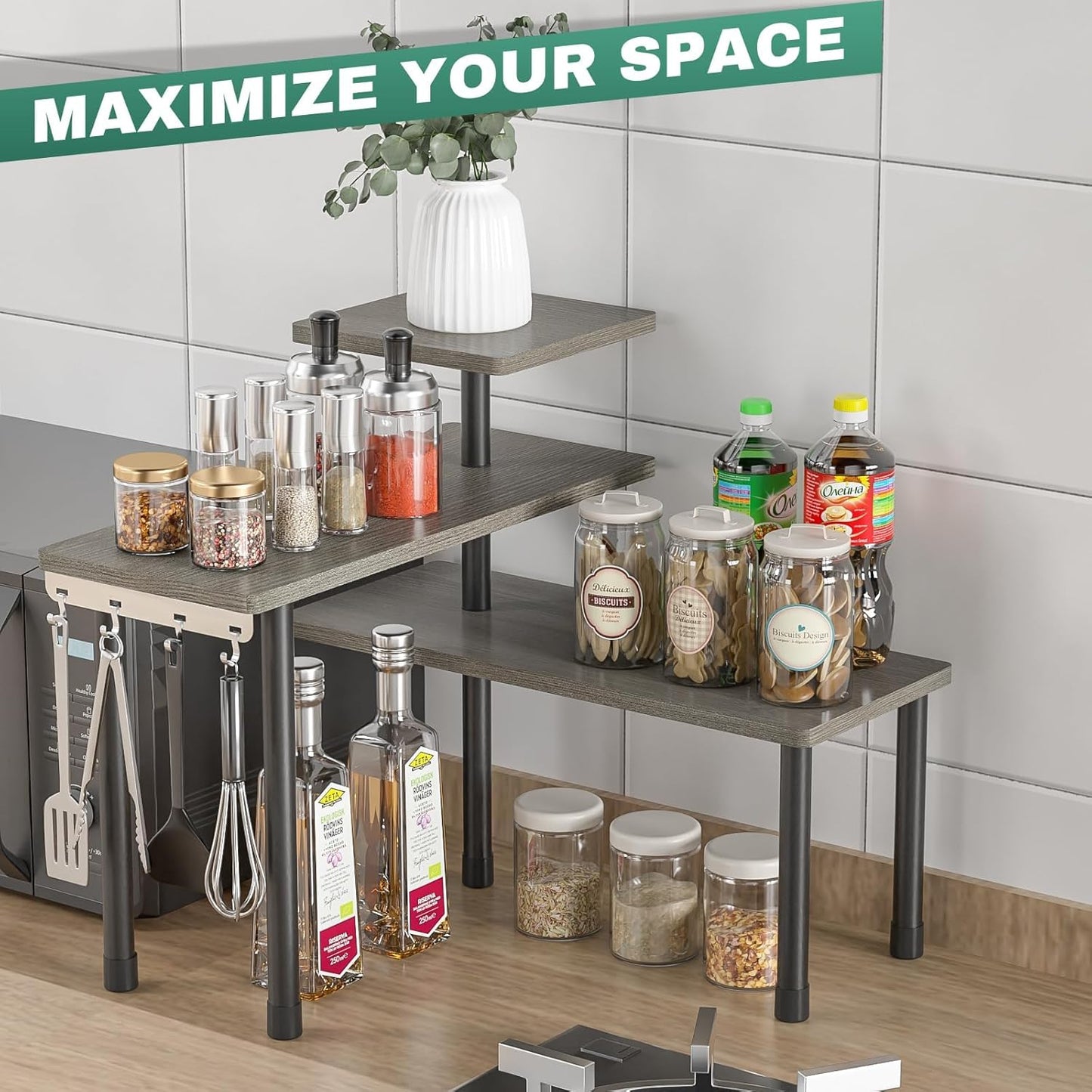 ZHWS Kitchen Countertop Organizer, Bathroom Counter Organizer, Adjustable 3 Tier Corner Shelf with 4 Metal Hooks for Counter Organize, Spice Rack, Makeups, Coffee Station Bookshelf (Rustic Grey)