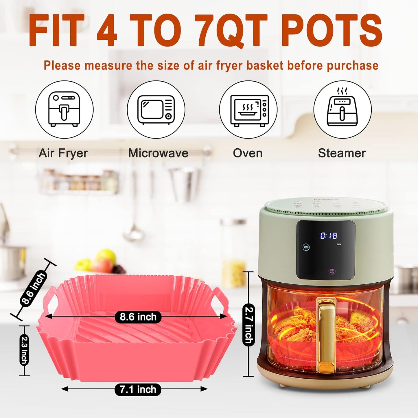 3 Pcs Silicone Air Fryer Liners Square Airfryer Liners 4-7 QT 7.1 Inch Reusable Air Fryer Silicone Pot Oven Liner Baking Tray, Air Fryer Basket Silicone Mat Bowl Air Fryer Accessories Kitchen Gadgets