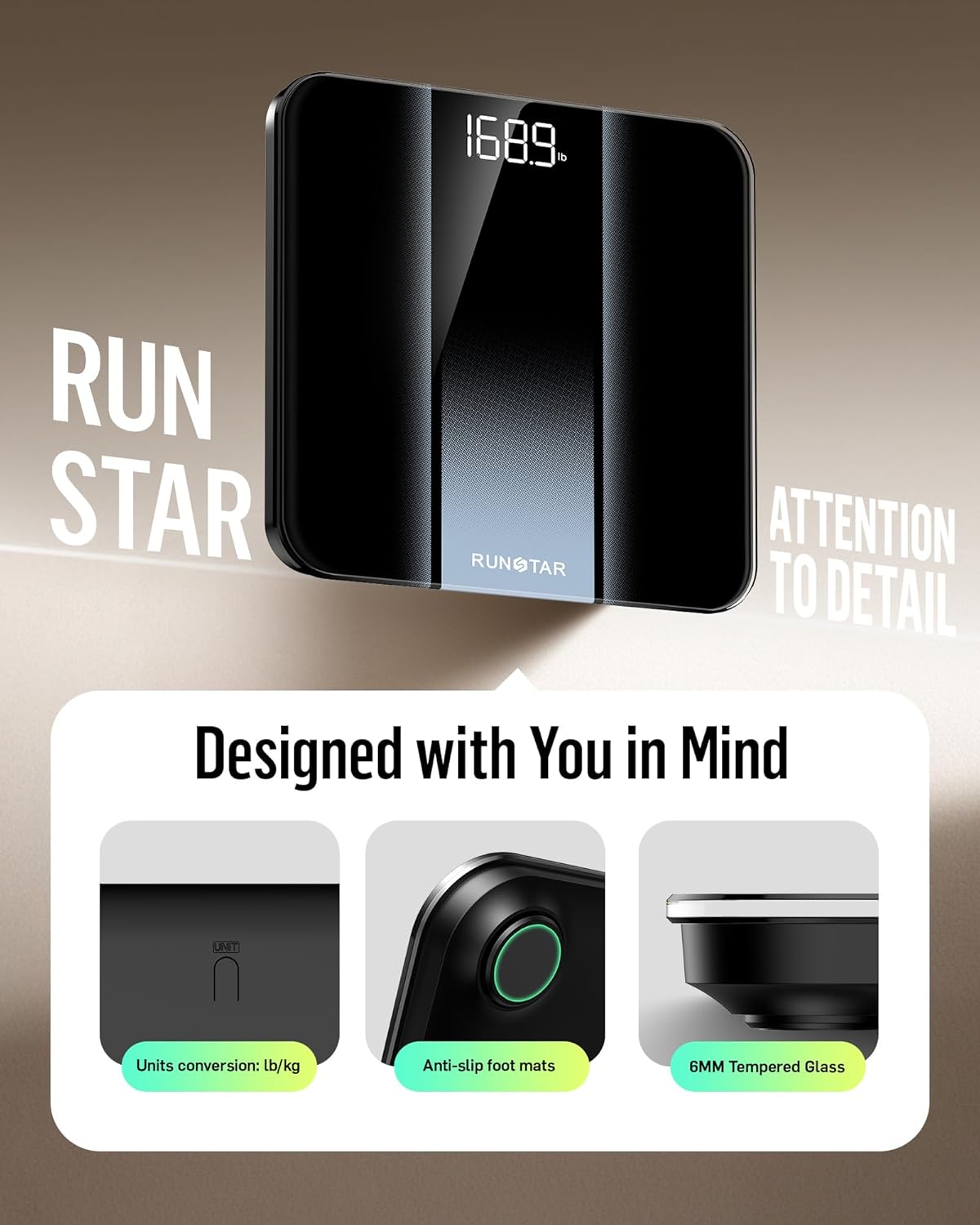 RunStar Digital Bathroom Scale for Body Weight with High Precision, Clear LED Backlight Display, Accurate Scale with 6mm Tempered Glass, 400lb, Silver