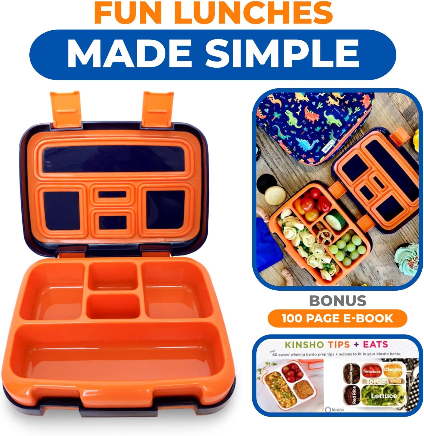 Dinosaur Bento Lunch Box for Boys Toddlers, 5 Portion Sections Secure Lid, Microwave Safe BPA Free Removable Plastic Tray, Pre-School Kid Daycare Lunches Snack Container Ages 3 to 7 Blue Orange
