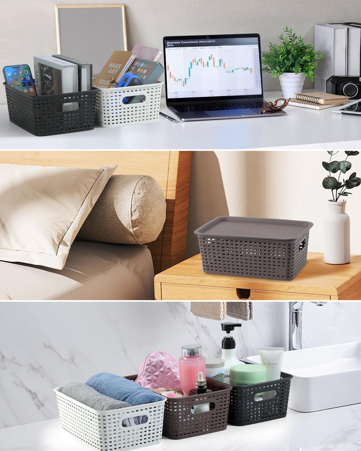 AREYZIN Lidded Storage Bins Plastic Storage Baskets With Lid Organizing Container Knit Storage Organizer Bins for Shelves Drawers Desktop Playroom Classroom Office, 6 Pack,Brown