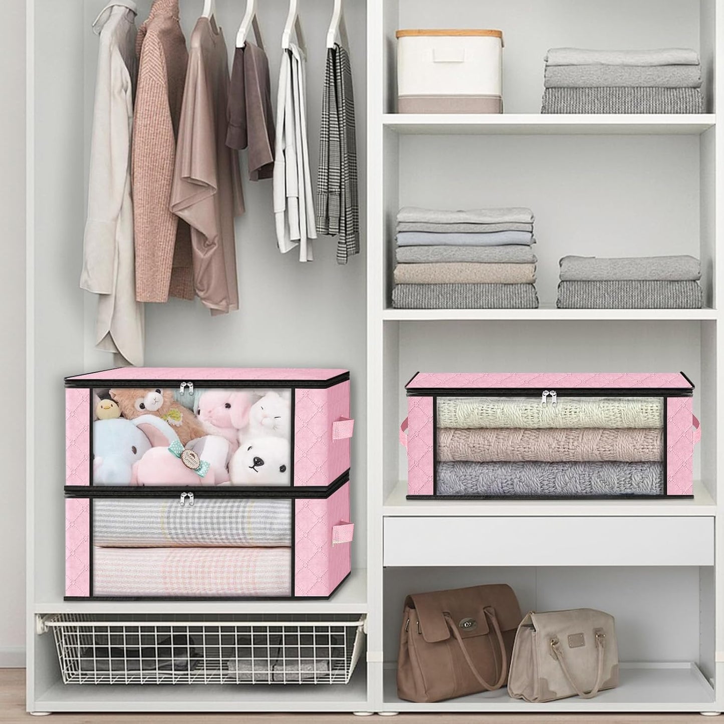 HomeHacks Storage 6-Pack Clothes Organizer Storage Bags Foldable Storage Box with Large Clear Window Sturdy Handles for Closet, Dorm, Pillows, Bedding, Clothes, Blankets, 35L, Pink