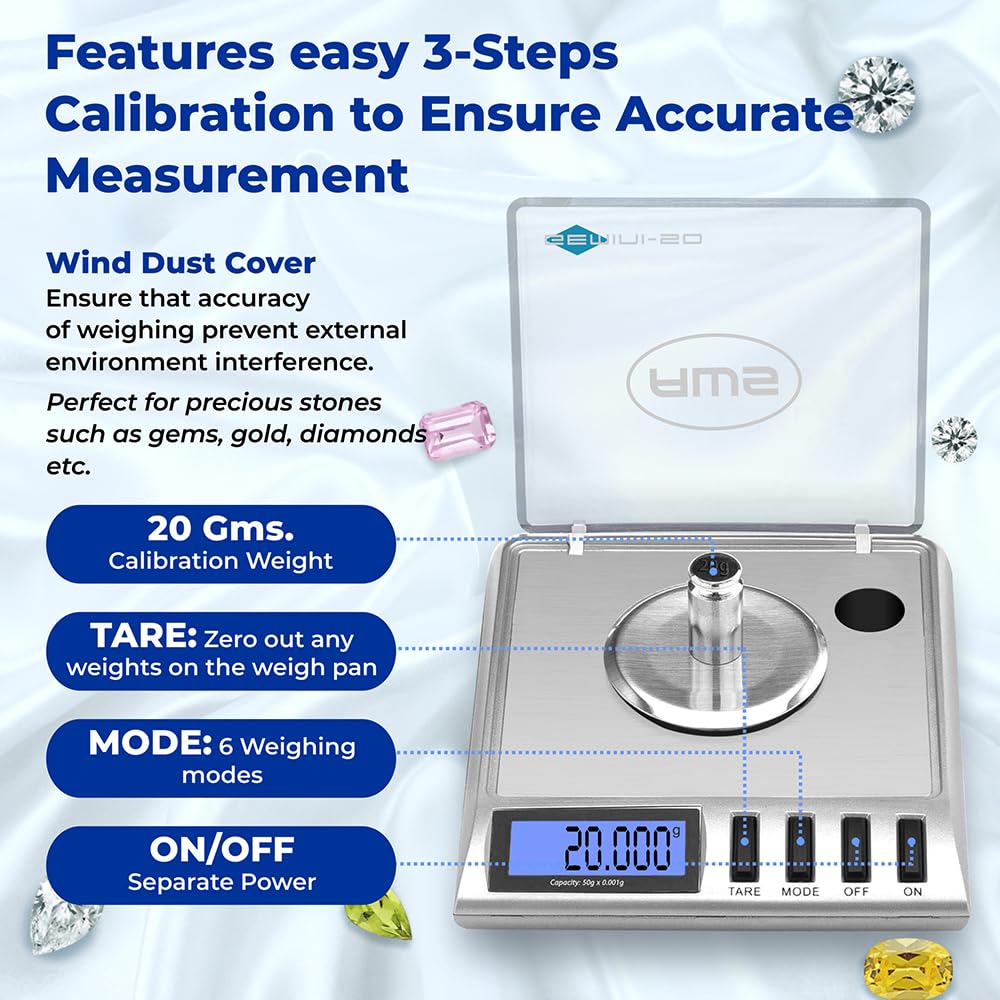AWS Gemini-50 Milligram Scale 50g x 0.001g – Digital Jewelry/Lab Scale for Powder, Gold, Gems – Includes Calibration Weights, Tweezers & Tray – Tare, Cal, 6 Units, Pocket Size Mg Scale (Silver)