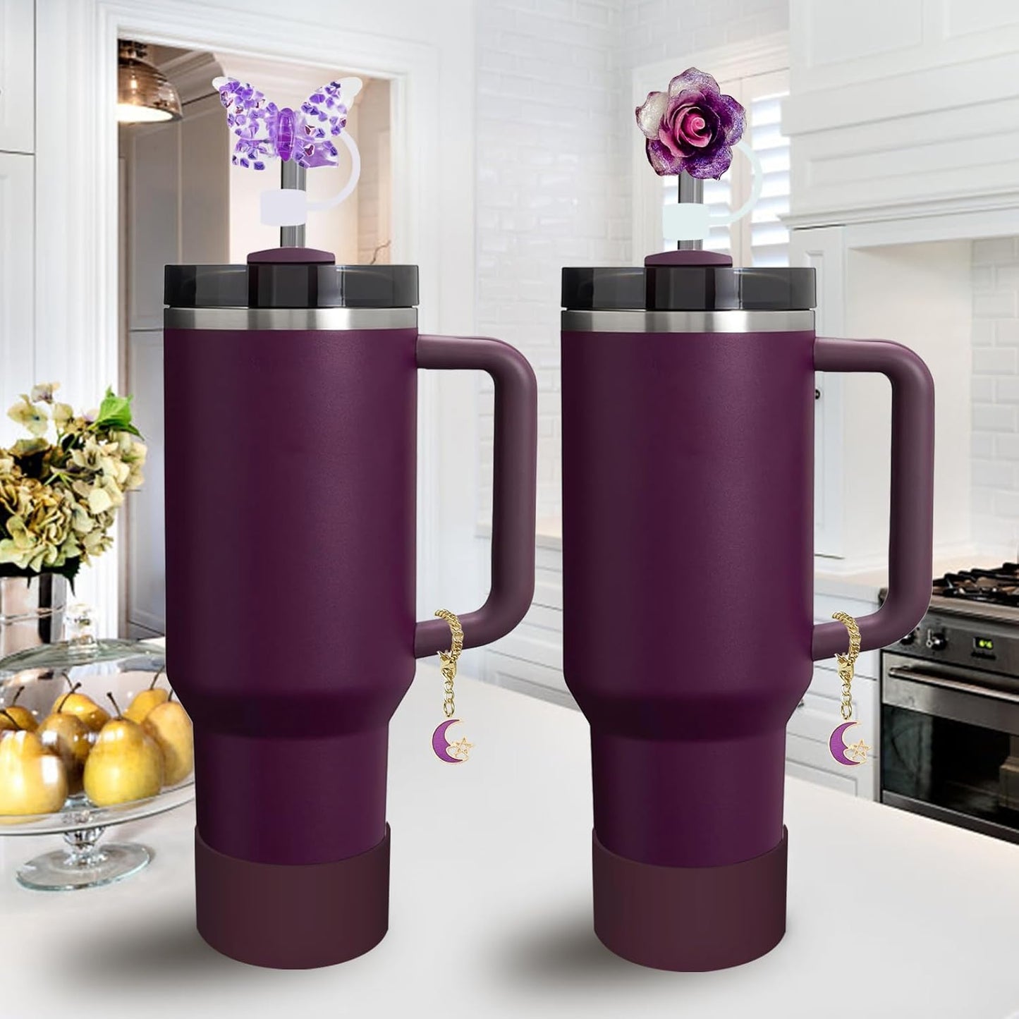 Stanley Cup Accessories Set,Including 2 Pcs 0.4in Straw Cover, 1 Silicone Spill-Proof Stopper Set of 3, 1 Cute Moon Handle Charm, 1 Silicone Boot Fits Stanley 40&30 Oz Tumbler (Plum)