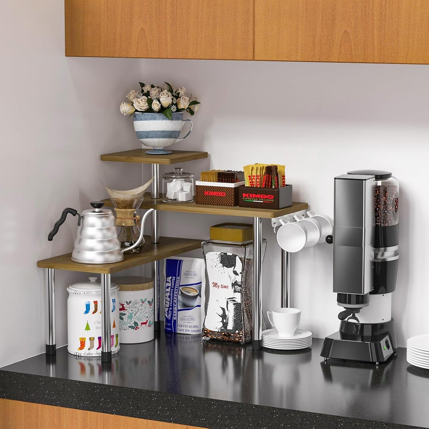 ZHWS Kitchen Corner Shelf Countertop Organizer - 3 Tier Bamboo & Metal Kitchen Organization Plant Stand Living Room Office, Spice Rack On Counter Shelves, Antique