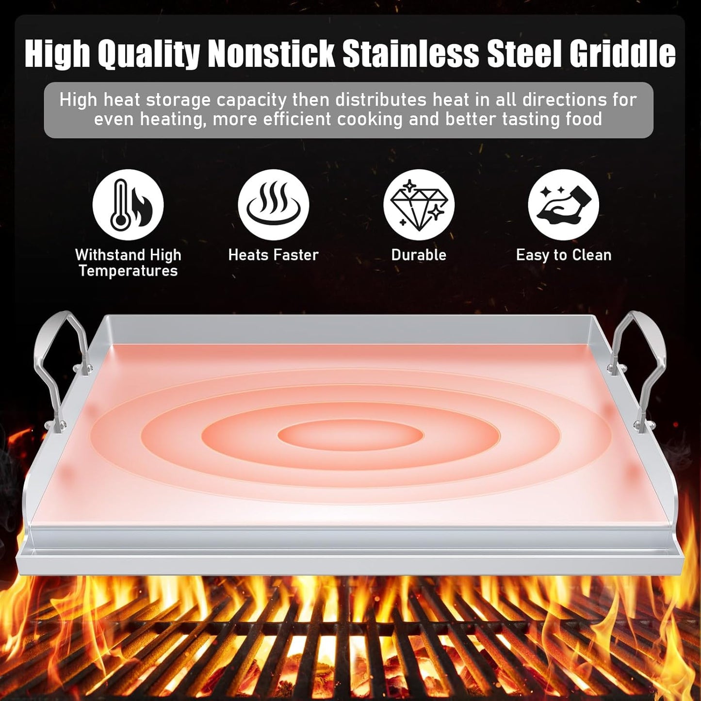 Universal Stainless Steel Cooking Griddle, Nonstick Flat Top Plate Insert for Gas Top Stove and Charcoal Grills, Tailgating, Camping and Parties, 23" x 16" Plancha Para Cocinar