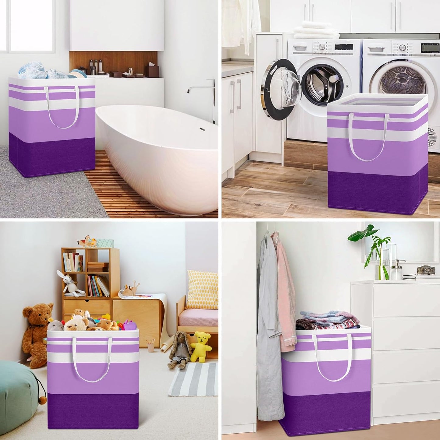 HomeHacks 2 Pack Large Laundry Baskets, Waterproof, Freestanding Laundry Hampers, Collapsible Clothes Hamper with Reinforced Handles in Laundry, College Dorm, Bathroom, Bedroom (Purple, 100Lx2)