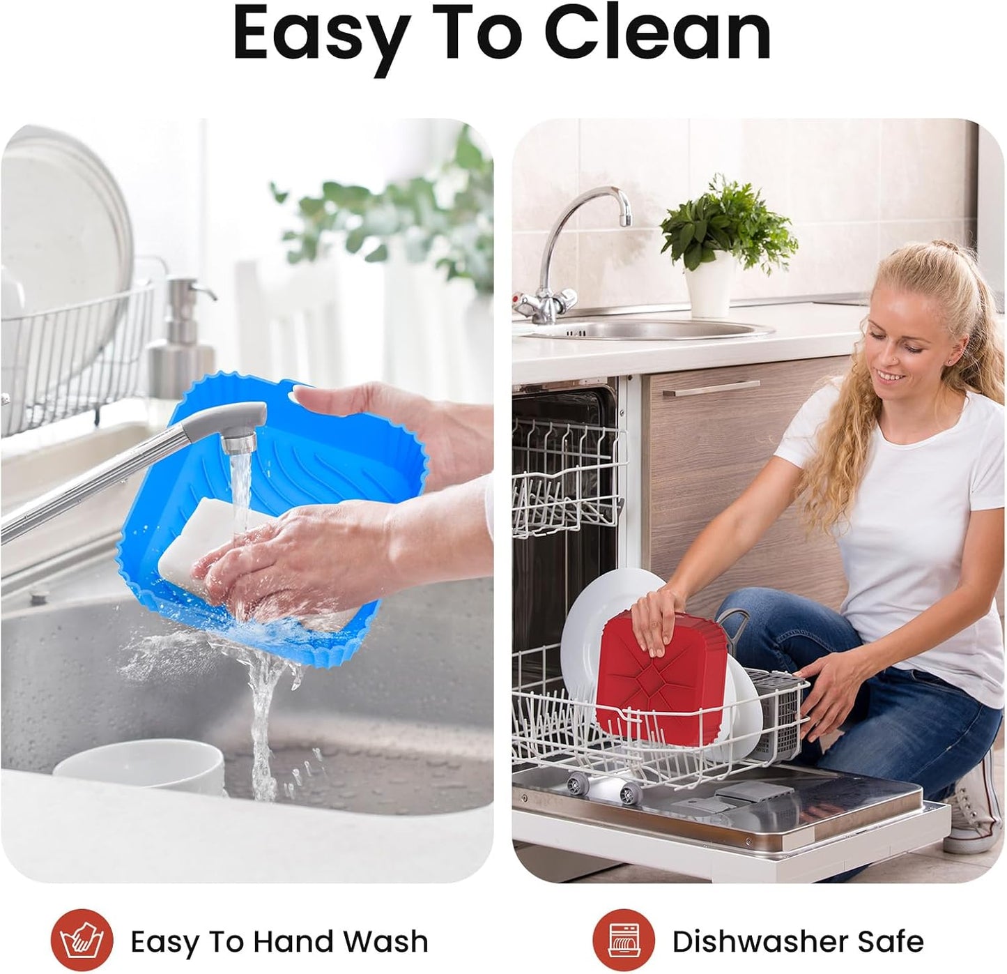 Redfly 2 Pack Silicone Air Fryer Liners, Square Reusable Non-Stick Basket Inserts for 4-5 QT Air Fryers, Dishwasher Safe Parchment Paper Replacement Accessories Red&Blue