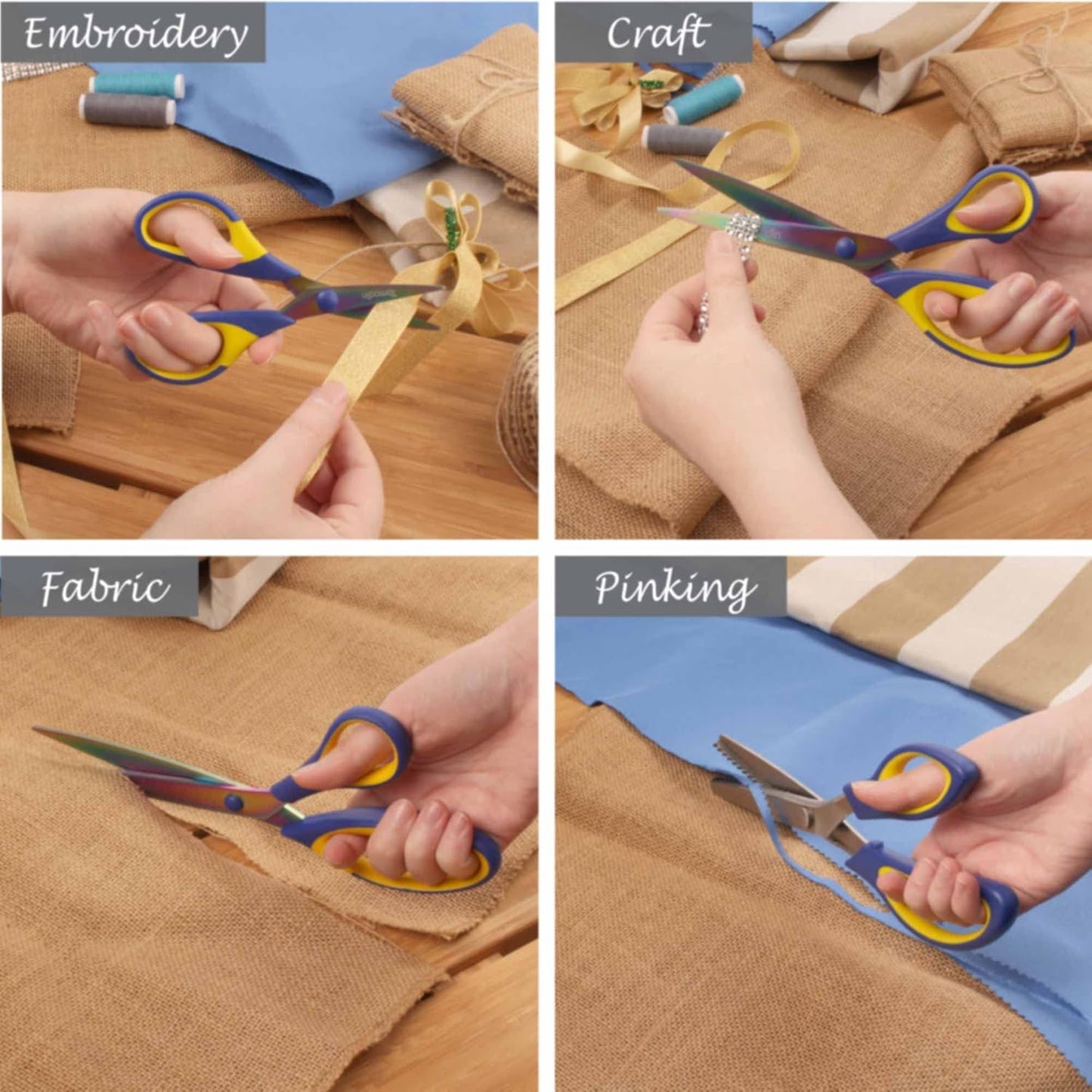 BambooMN Titanium Softgrip Scissors Set - Pinking, Sewing, Arts, Crafts, Office - 10 Sets of 4 - Blue w/Yellow