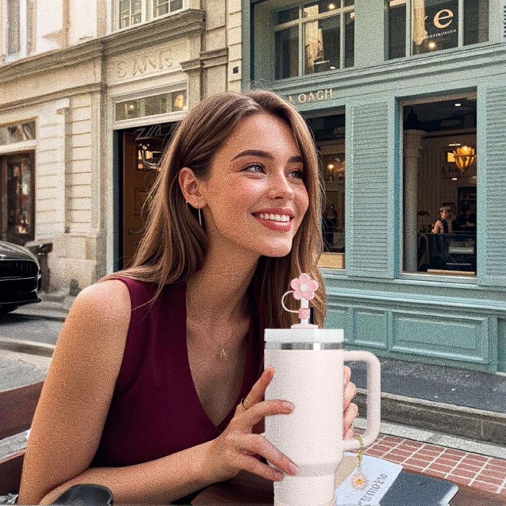 Stanley Cup Accessories Set,Including 2 Pcs 0.4in Straw Cover, 1 Silicone Spill-Proof Stopper Set of 3, 1 Cute Butterfly Handle Charm, 1 Silicone Boot Fits Stanley 40&30 Oz Tumbler (Rose Quartz)