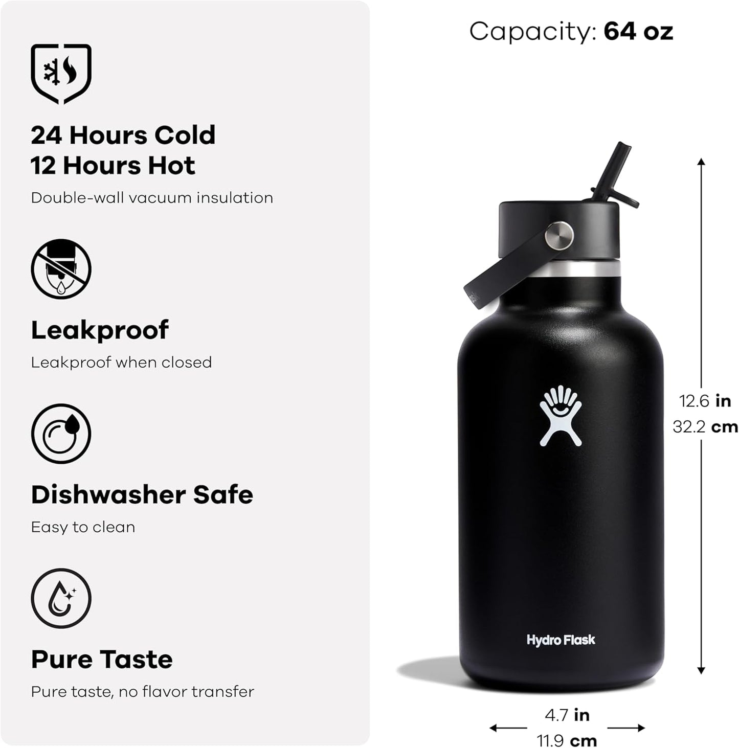 Hydro Flask Water Bottle - Insulated Stainless Steel - Wide Mouth Flex Straw Lid, Non Spill, Leakproof and Refillable in 64 Oz Nectar Orange