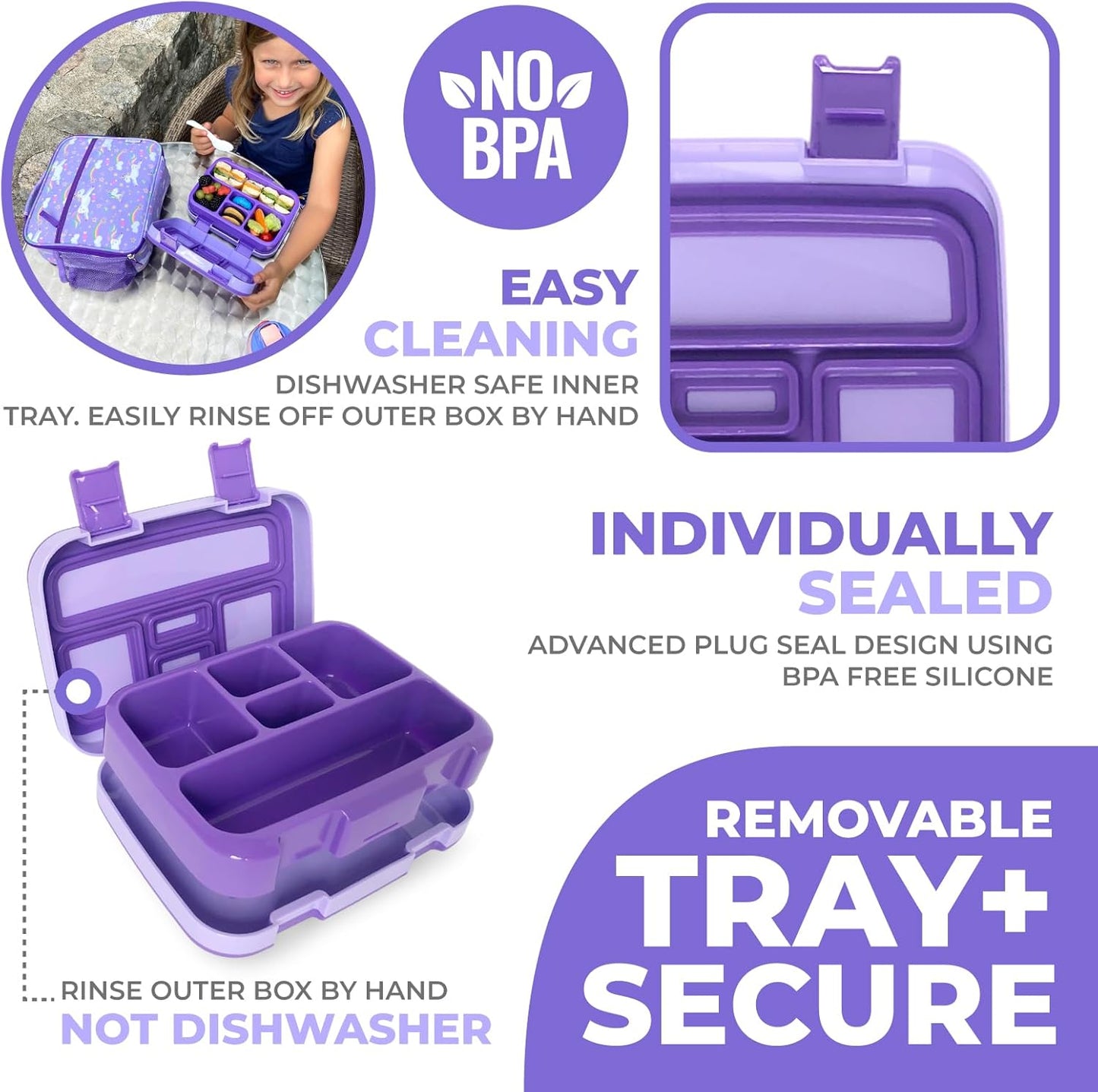 Bento Box with Insulated Lunch Bag, Ice Pack & Water Bottle Set for Kids - 5 Compartments, Lunches or Snack Container Girls, Toddlers Daycare Pre-School, Kindergarten Purple Unicorn