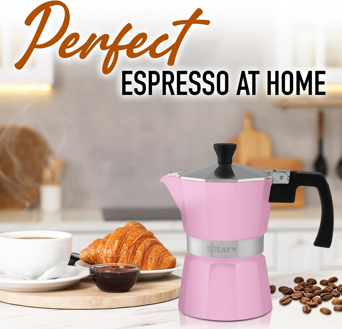 Zulay Moka Pot Espresso Stovetop Coffee Maker - Leak-Proof, Stainless Steel, Easy to Clean, Heat Resistant Handle & Knob - for Authentic Cuban & Italian Style Espresso - Makes 3 Espresso Cups - Pink