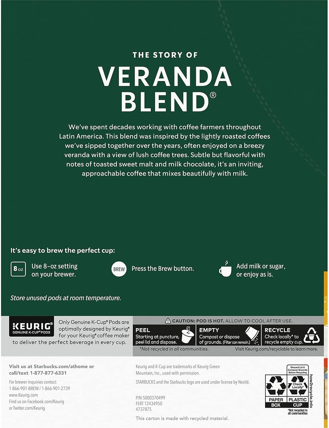 Starbucks K-Cup Coffee Pods, Starbucks Blonde Roast Coffee, Veranda Blend For Keurig Brewers, 100% Arabica, 1 Box (24 Pods)