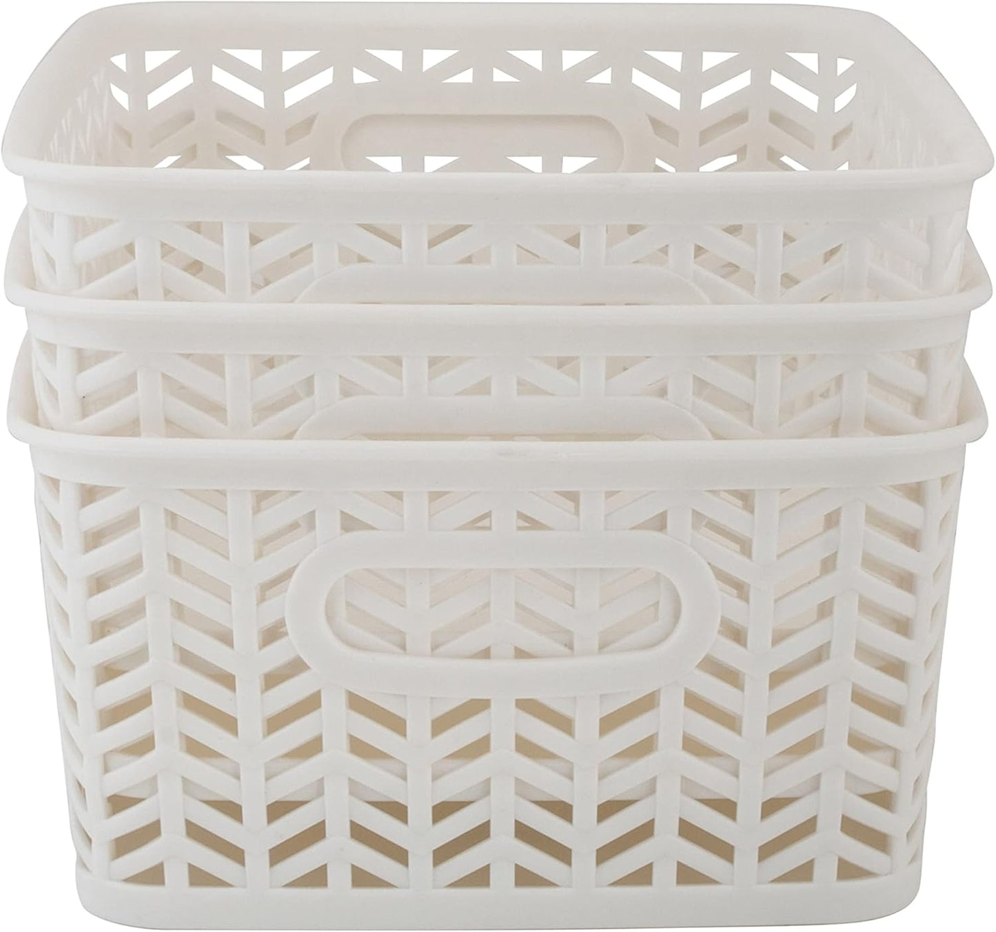 Simplify 3 Pack Small Herringbone Storage Basket | Dimensions: 10"x8"x4" | Light Weight | Two Open Handles | White | Organization | Many Uses | Kitchen Storage | Bathroom Storage |