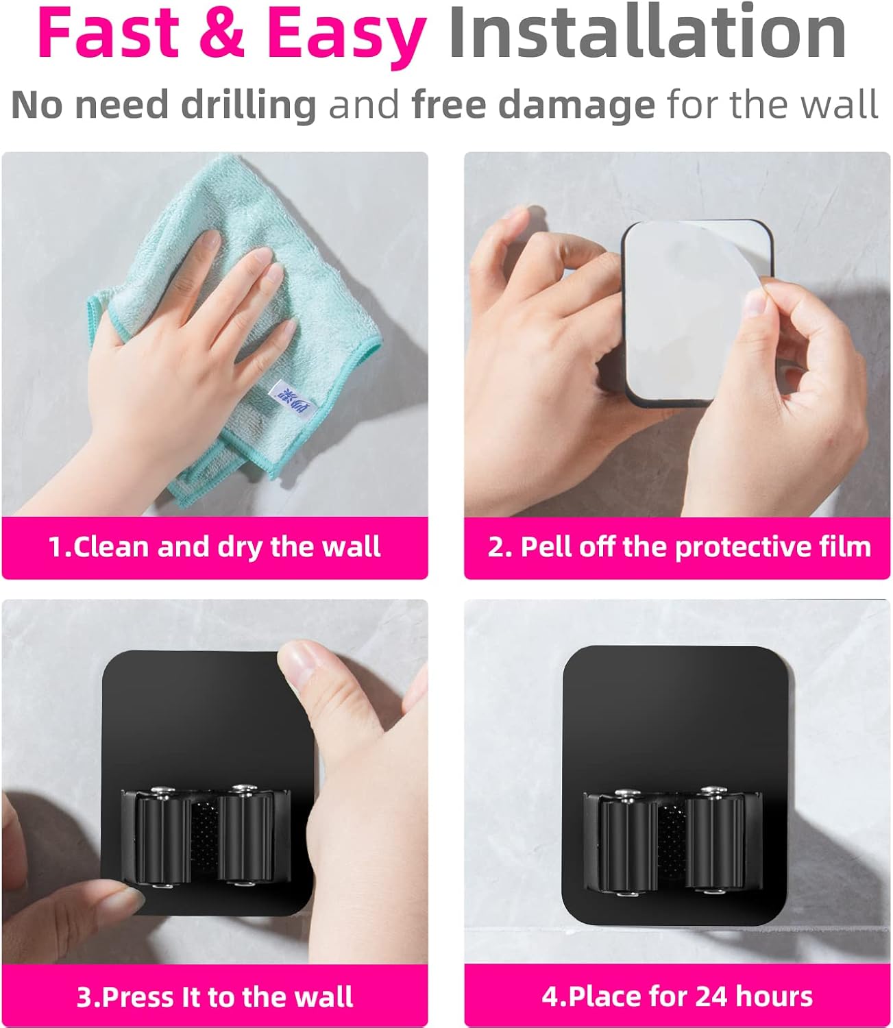 8 Pack Broom Holder Wall Mount, Improved Super Anti-Slip Mop and Broom Holder Wall Mount, Broom Hanger Gripper for Kitchen, Bathroom, Closet, Garden Garage, Black