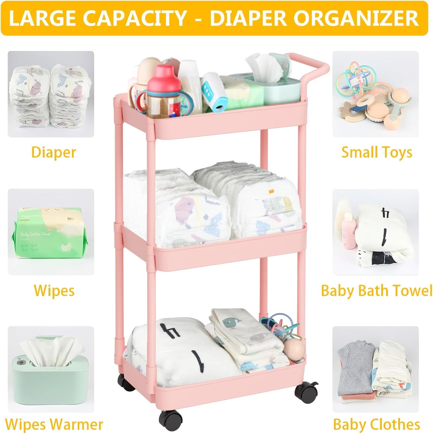 Baby Diaper Caddy – Plastic Diaper Organizer for Nursery Essentials, Movable Cart for Changing Table & Crib, Easy to Assemble, Pink