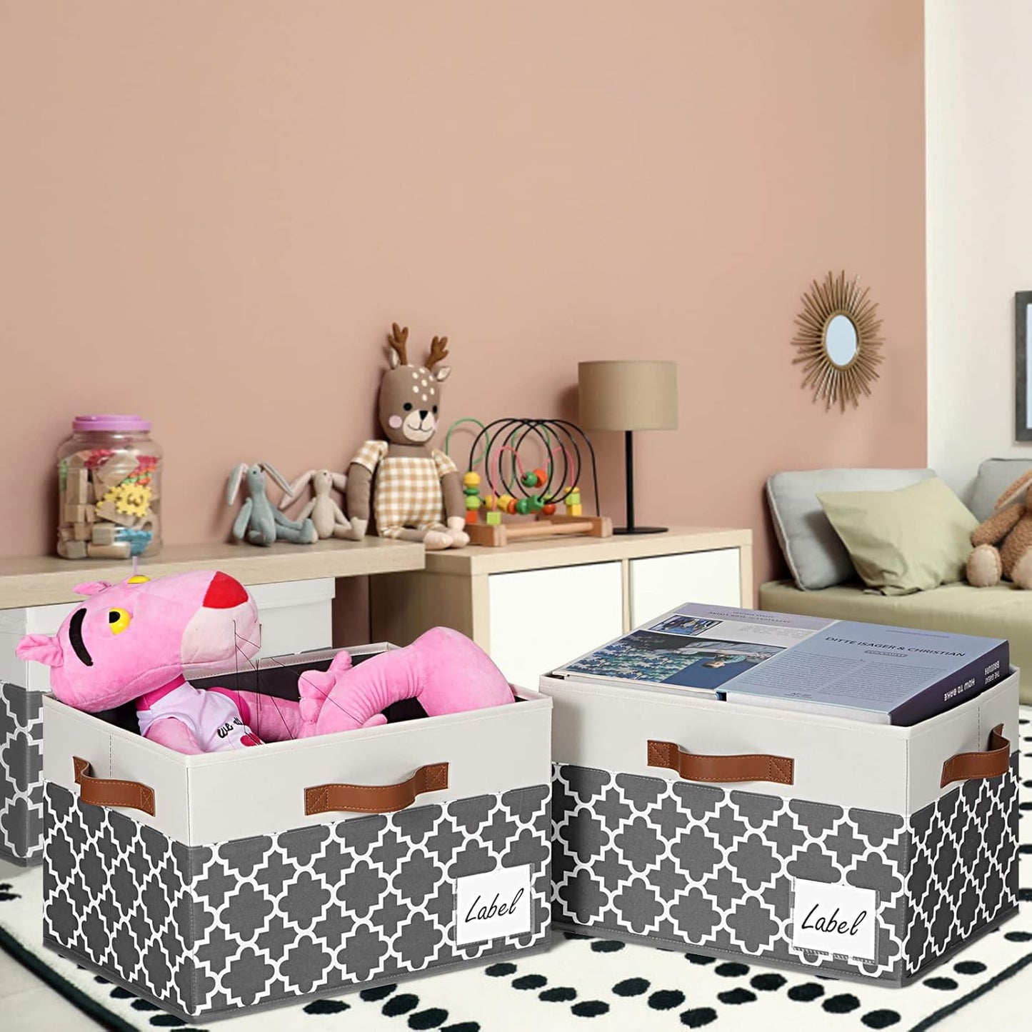 GhvyenntteS Extra Large Storage Bins with Lids, Foldable Fabric Storage Boxes with Lids and 3 Handles, Storage Baskets with Label for Home Office (3 Pack, White&Lattice Grey, 15.75x11.8x10.2)