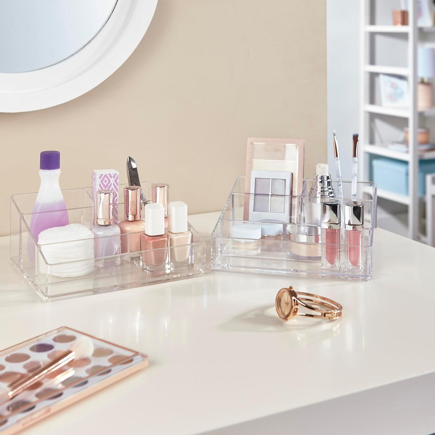 STORi Clear Plastic Small Countertop Vanity Makeup Organizer, Compact Rectangular 4-Compartment Holder for Brushes, Eyeshadow Palettes, & Beauty Supplies, Made in USA (Pack of 2)