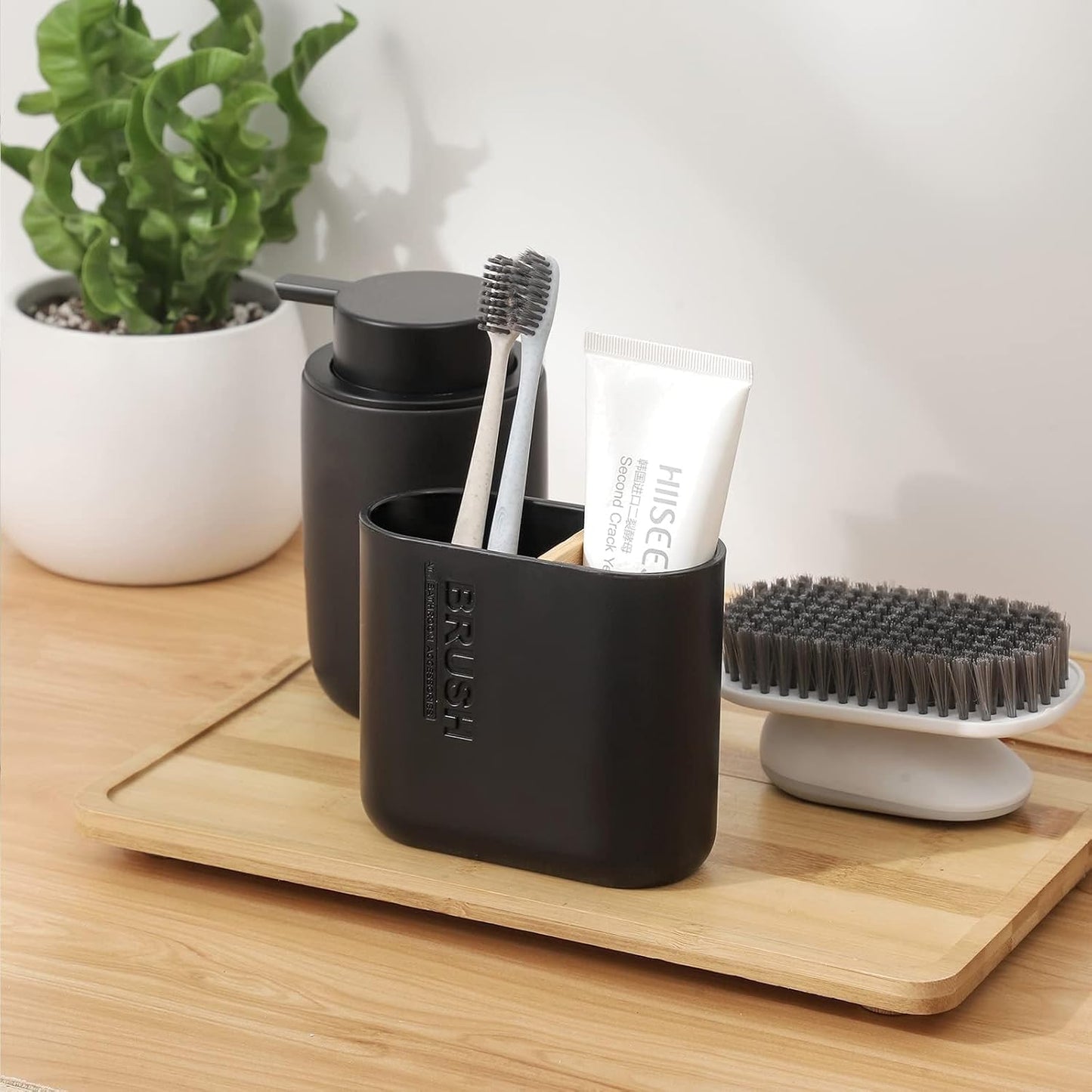 Toothbrush Holders Bamboo Electric Toothbrush Holder Bathroom Storage Organizer Countertop for Toothpaste, Floss, Razor, Black
