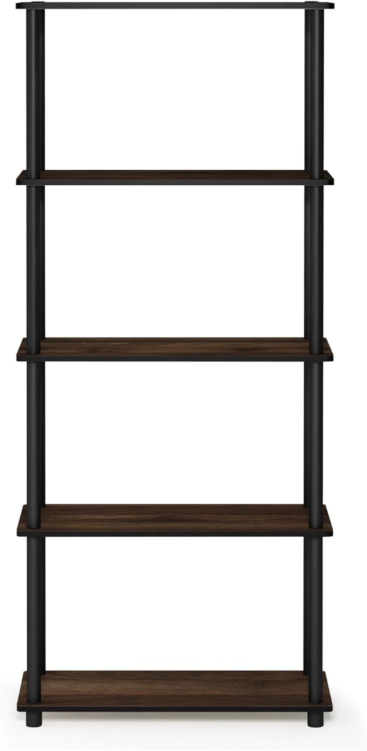 Furinno TURN-N-TUBE Storage Shelves, 5-Tier Book Shelf, Corner Shelf, Toolless Open Shelves, for Organization and Storage, Living Room, Garage, Home Office, Columbia Walnut