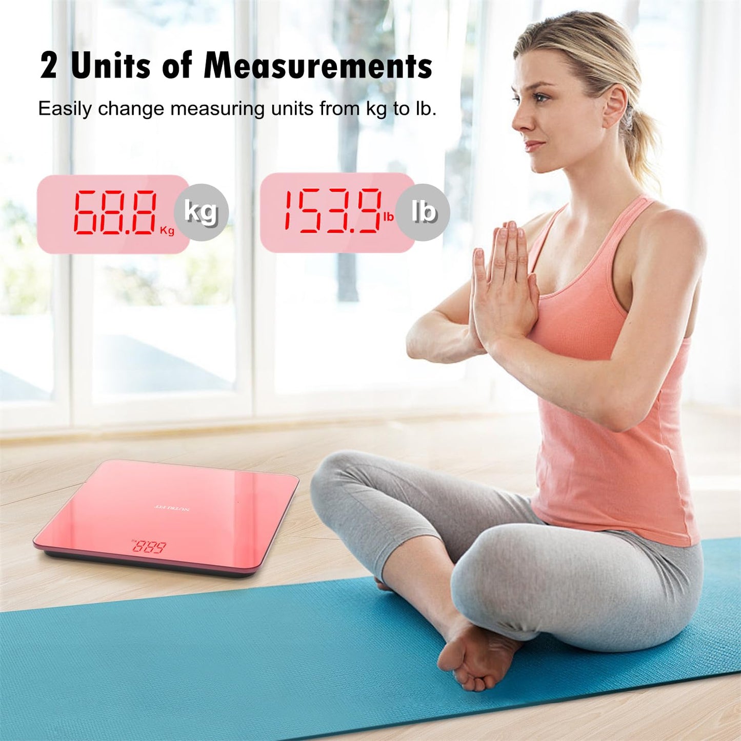 NUTRI FIT Digital Scale for Body Weight, Precision Bathroom Weighing Scale Step-On Technology High Capacity - 330 lb, LED Display with High Precision Measurements, Pink