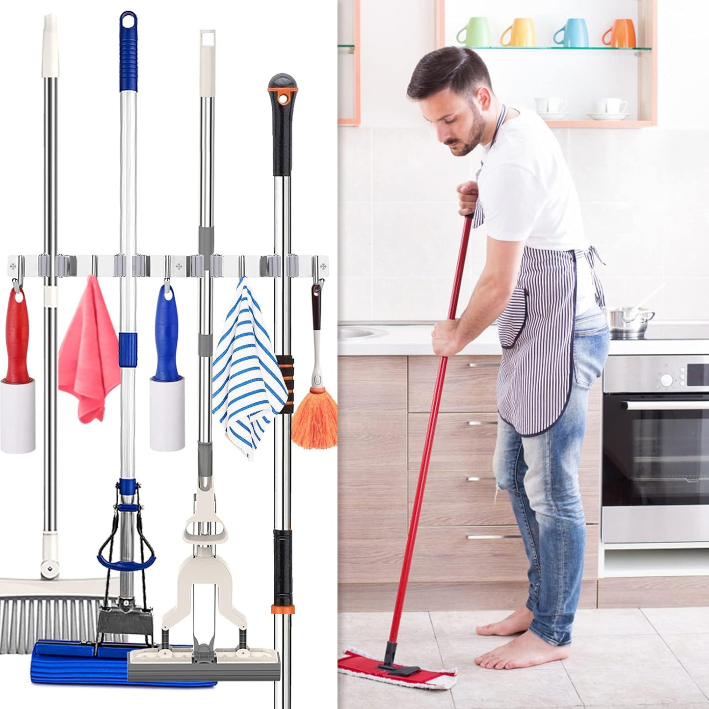 Piyl Broom Mop Holder Wall Mount Broom Hanger Wall Mounted Metal Organization Garage Storage Garden Kitchen Tool Organizer With 4 Racks and 5 Hooks (Silver, 1 Pack 4R5H)
