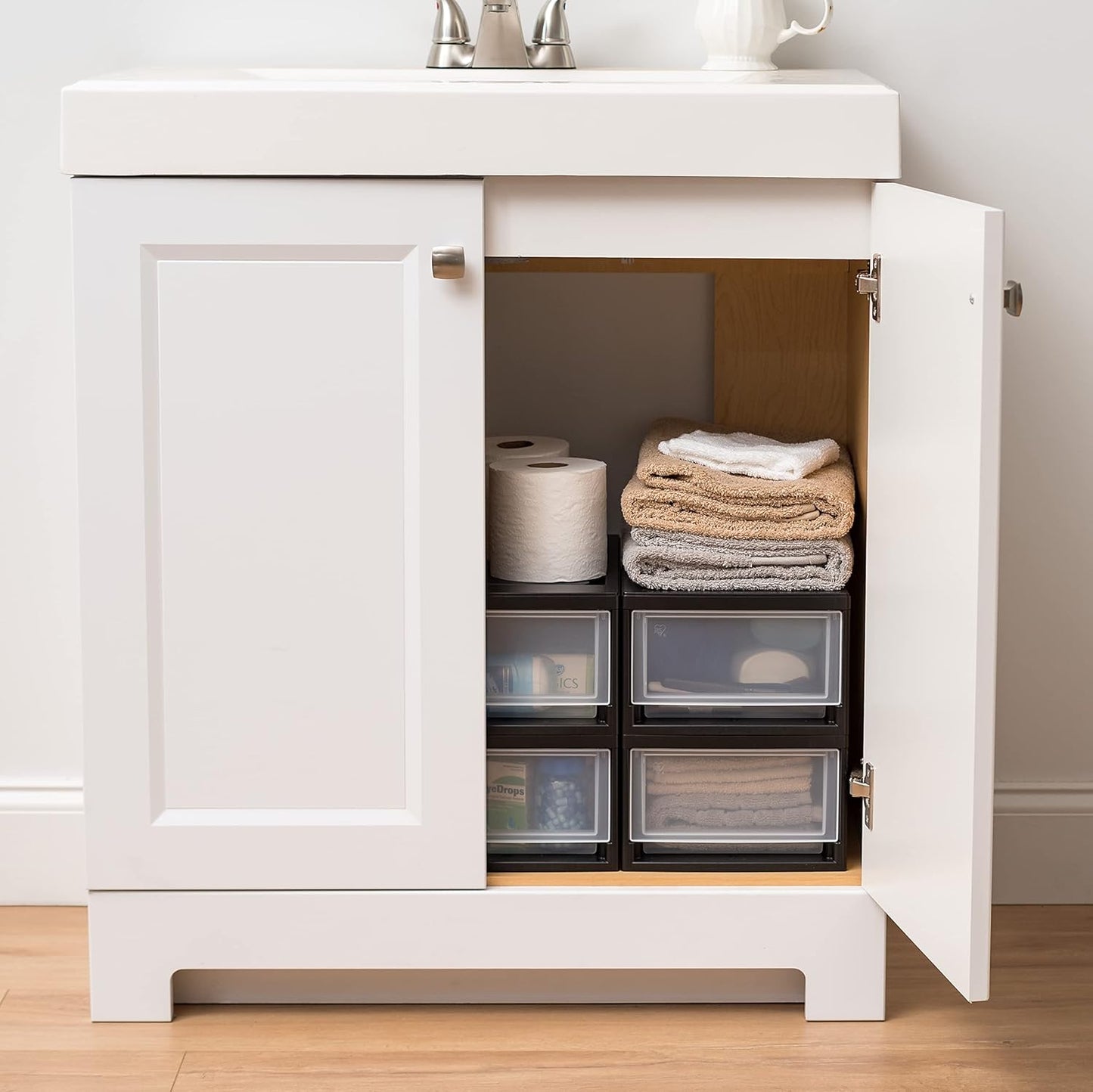 IRIS USA 6 Qt. Small Plastic Stacking Drawer, Stackable Storage Organizer Unit with Sliding Drawer for Bedroom Kitchen Under Sink Pantry Craft Room Dorm Office, Black, 4-Pack