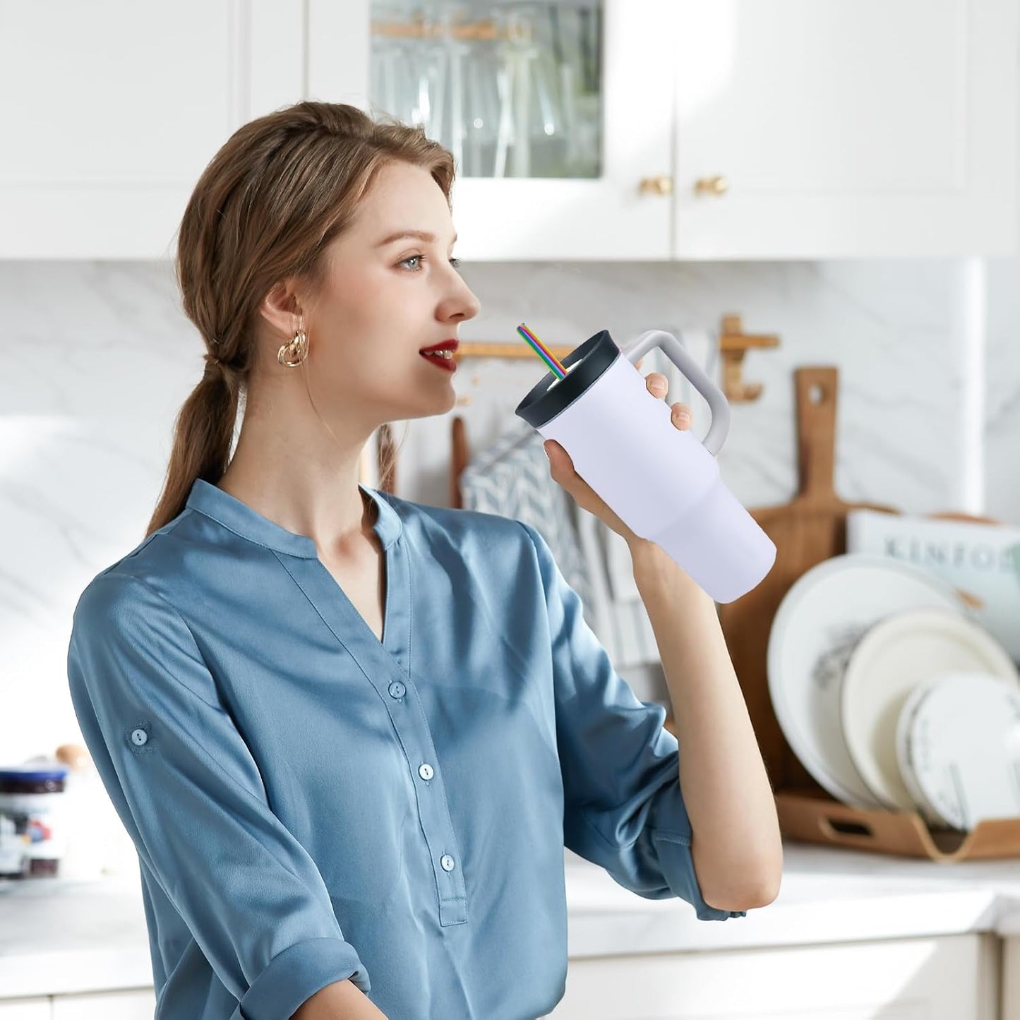 Stainless Steel Straws for Owala Insulated Bottle 40oz Tumbler 6x Metal Replacement Straws with Cleaning Brush for Owala 40oz (Colorful, 3x Straight & 3x Bent 8mm)