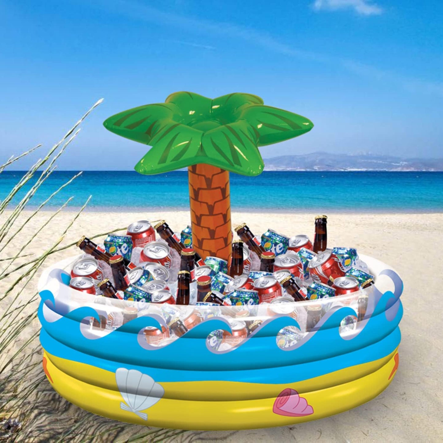 Tropical Palm Tree Inflatable Cooler - 14" x 29.5" (Pack Of 1) - Multicolor Plastic Beverage Holder For Parties & Events