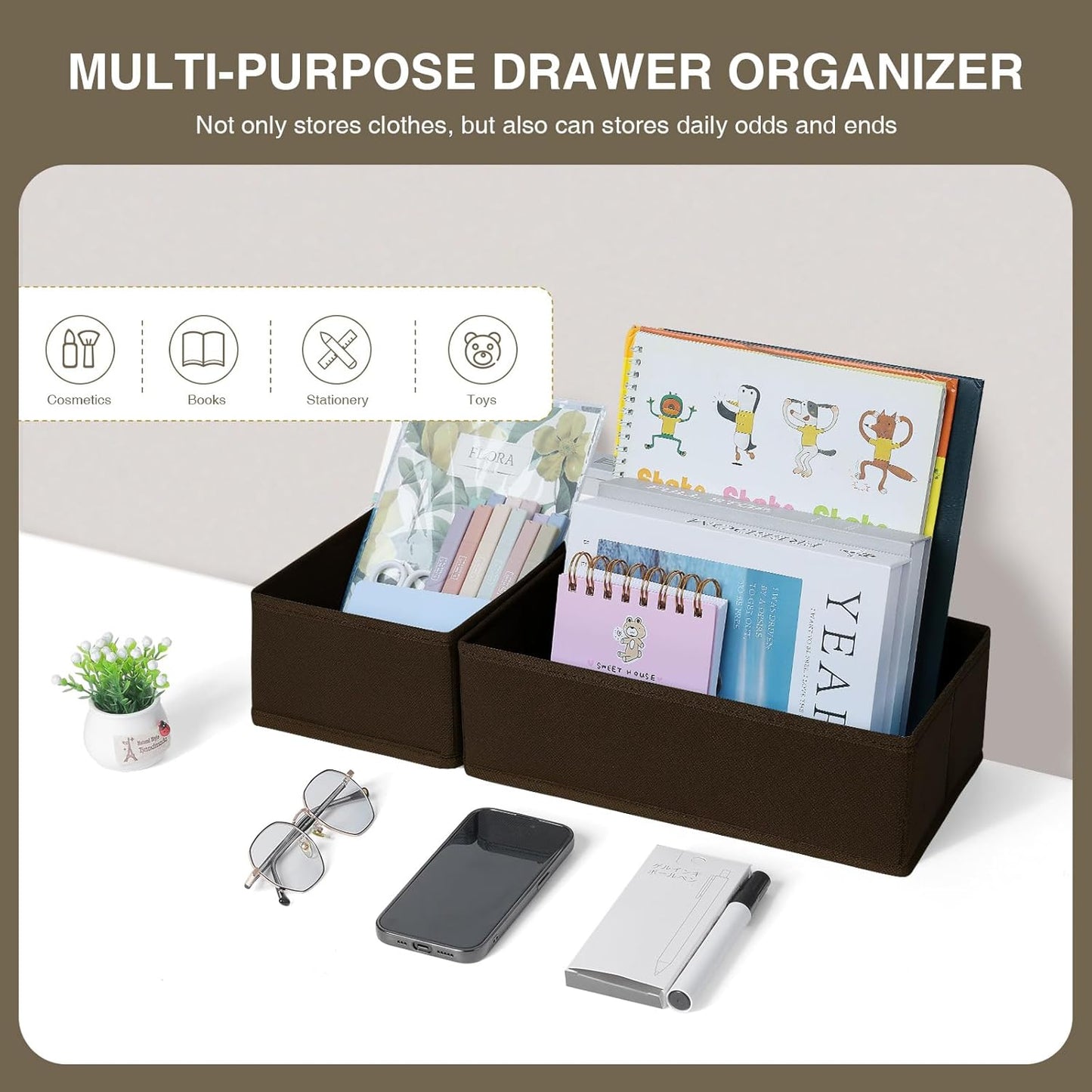 DIMJ Drawer Organizer Clothes, Underwear Drawer Organizer, Set of 4 Foldable Closet Drawer Bins, Fabric Drawer Dividers for Baby Clothes, Socks, Belt, Tie (Brown)