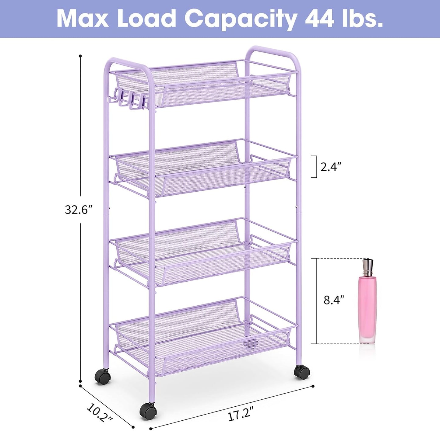 TOOLF 4-Tier Rolling Cart, Metal Utility Cart with 3 Hooks, Easy Assemble Mobile Storage Trolley On Wheels, Metal Shelving Units Kitchen Bathroom Laundry Room