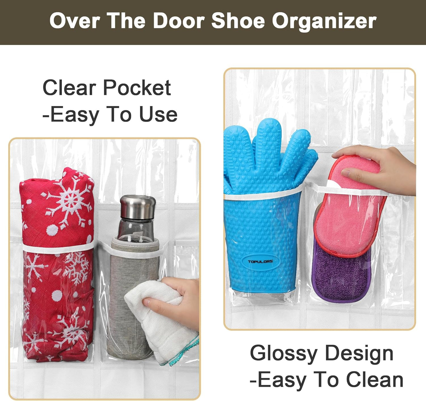 Over The Door Shoe Organizer with 24 Clear Pockets and Metal Hooks – Heavy Duty Hanging Shoe Storage Rack for Closet, Bathroom, Dorm – Space Saving Organizer for Shoes, Accessories, Toys (White)