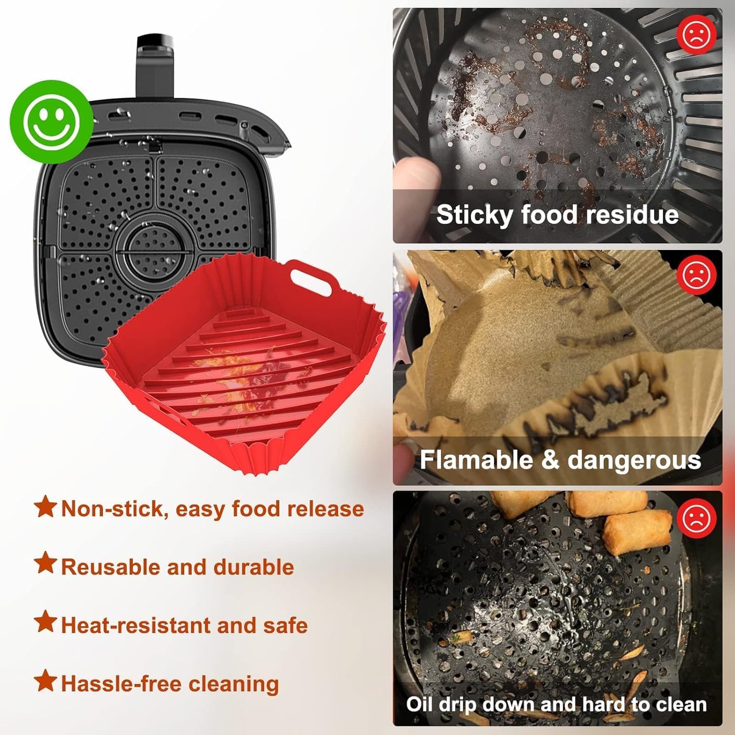 Large Silicone Air Fryer Liners Square 5-9 QT, 7.9 Inch Reusable Airfryer Liners Air Fryer Silicone Liners Pot Oven Liner Baking Tray, Air Fryer Basket Silicone Mat Bowl Air Fryer Accessories, 2 Pack