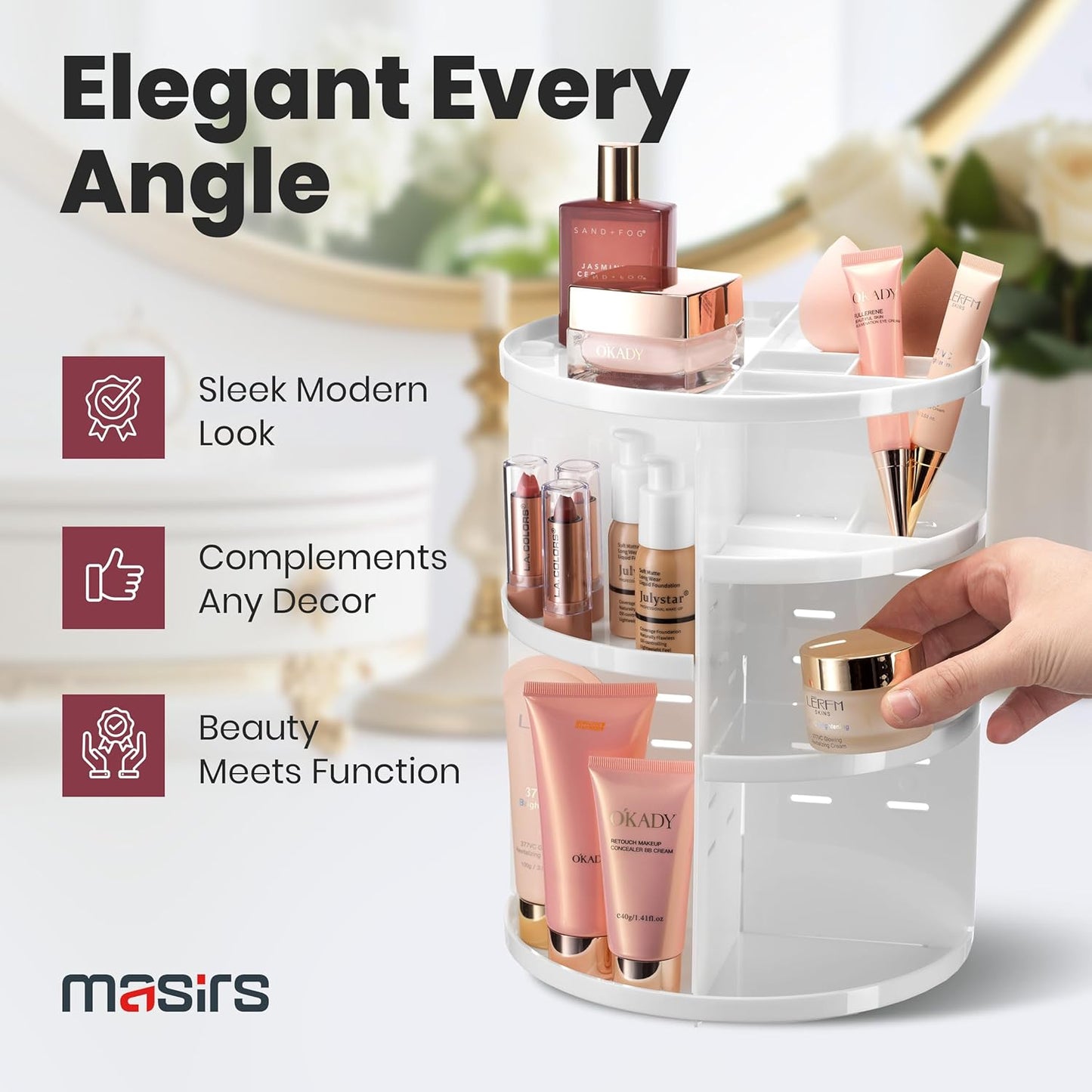 Masirs 360 Rotating Makeup Organizer - Adjustable Shelf Height and Fully Rotatable. The Perfect Cosmetic Organizer for Bedroom Dresser or Vanity Countertop. (White)