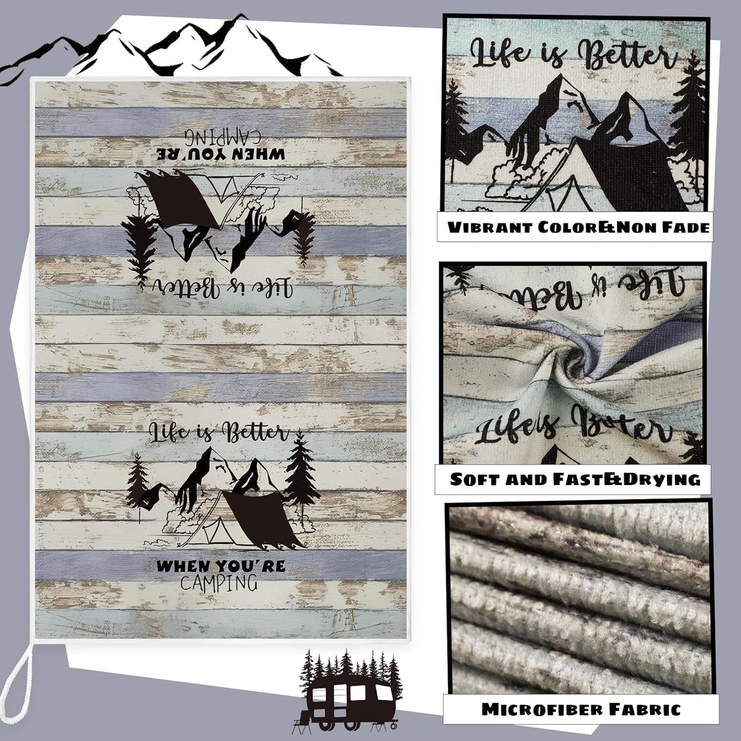 Boyiee Set of 6 Camping Kitchen Towels Happy Camper Tea Towels Absorbent Farmhouse Dish Towels with Funny Sayings 24 x 16 Inches Camping Hand Towels for RV Campers Lovers Gifts Accessories Decorations
