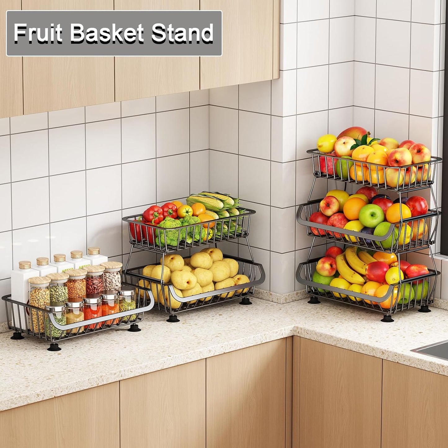3-Tier Rolling Pantry Floor Organizer, Stackable Pantry Storage Cart with Wheels, Metal Wire Snack Organizers, Kitchen Fruit Basket Stand, Vegetable Storage Rack for Onion Potato Snacks, Black, 2 Pack