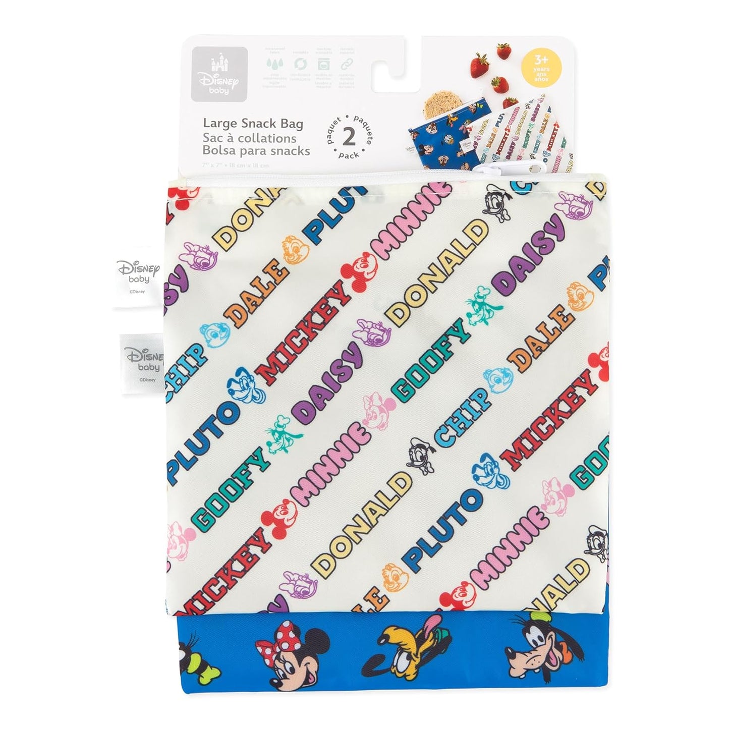 Bumkins Disney Reusable Sandwich and Snack Bags, for Kids School Lunch and for Adults Portion, Washable Fabric, Waterproof Cloth Zip Bag, Travel Pouch, Food-Safe Storage, Large 2-pk Mickey and Friends