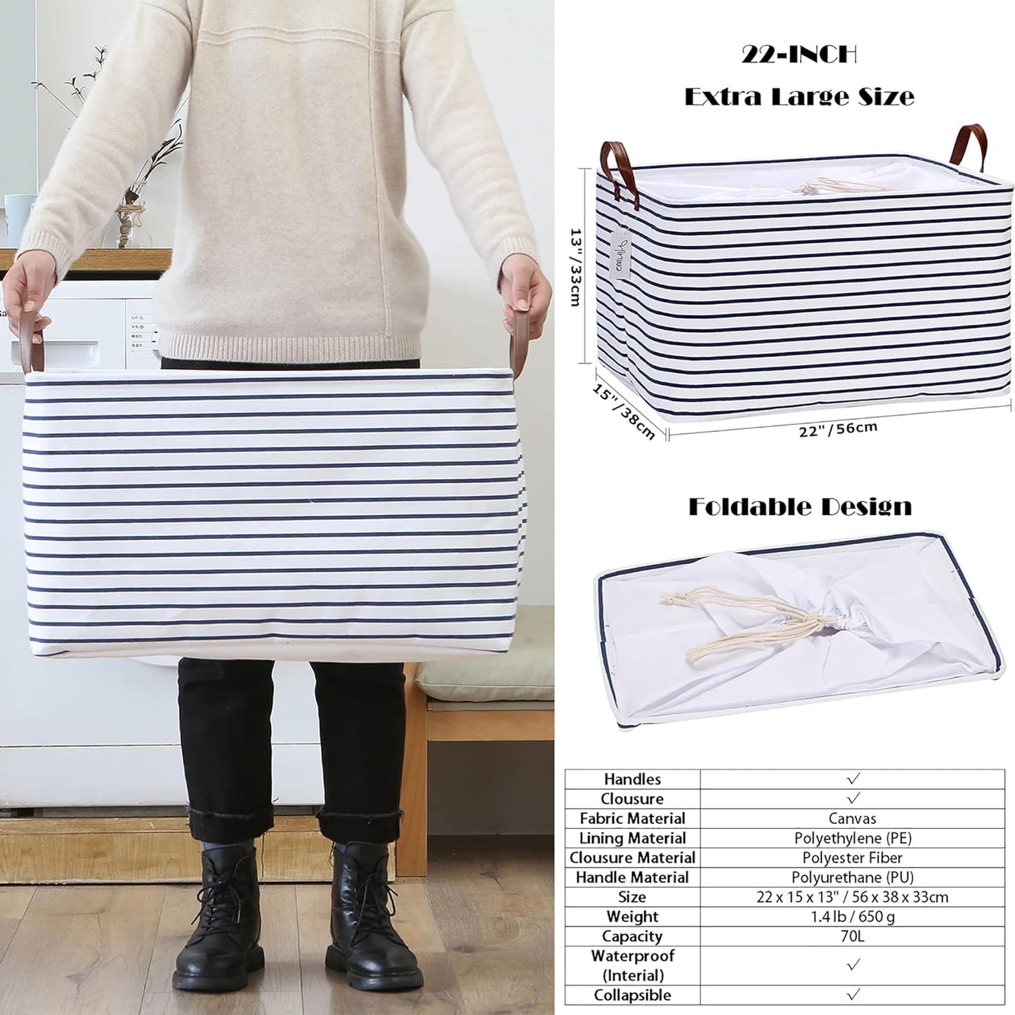 Hinwo 70L Extra Large Storage Bins, 2-Pack Closet Organizers and Storage, Foldable Clothes Storage Baskets with Handles, Containers for Clothing, Blanket, Comforters, Toys, Bedding (Gray)