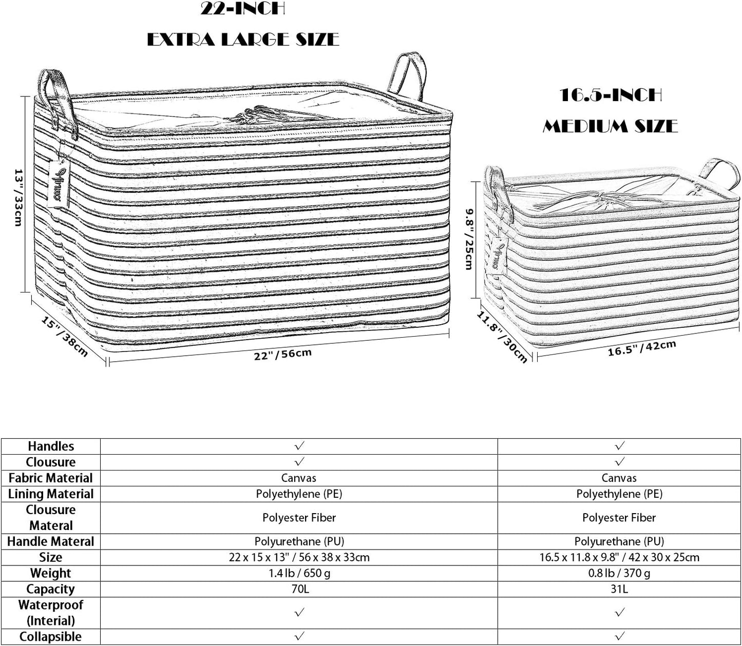 Hinwo 70L Extra Large Storage Bins, Closet Organizers and Storage, Foldable Clothes Storage Baskets with Handles, Containers for Clothing, Blanket, Comforters, Toys, Bedding (Aqua Stripe)